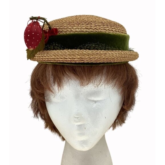 Vintage 60s Alfreda Inc Straw Boater Hat With Green Velvet Band & Red Strawberry - Picture 1 of 11